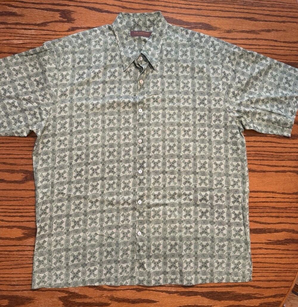 Tori Richard Mens XL Honolulu Hawaiian Shirt Green Geometric Cotton Lawn XL